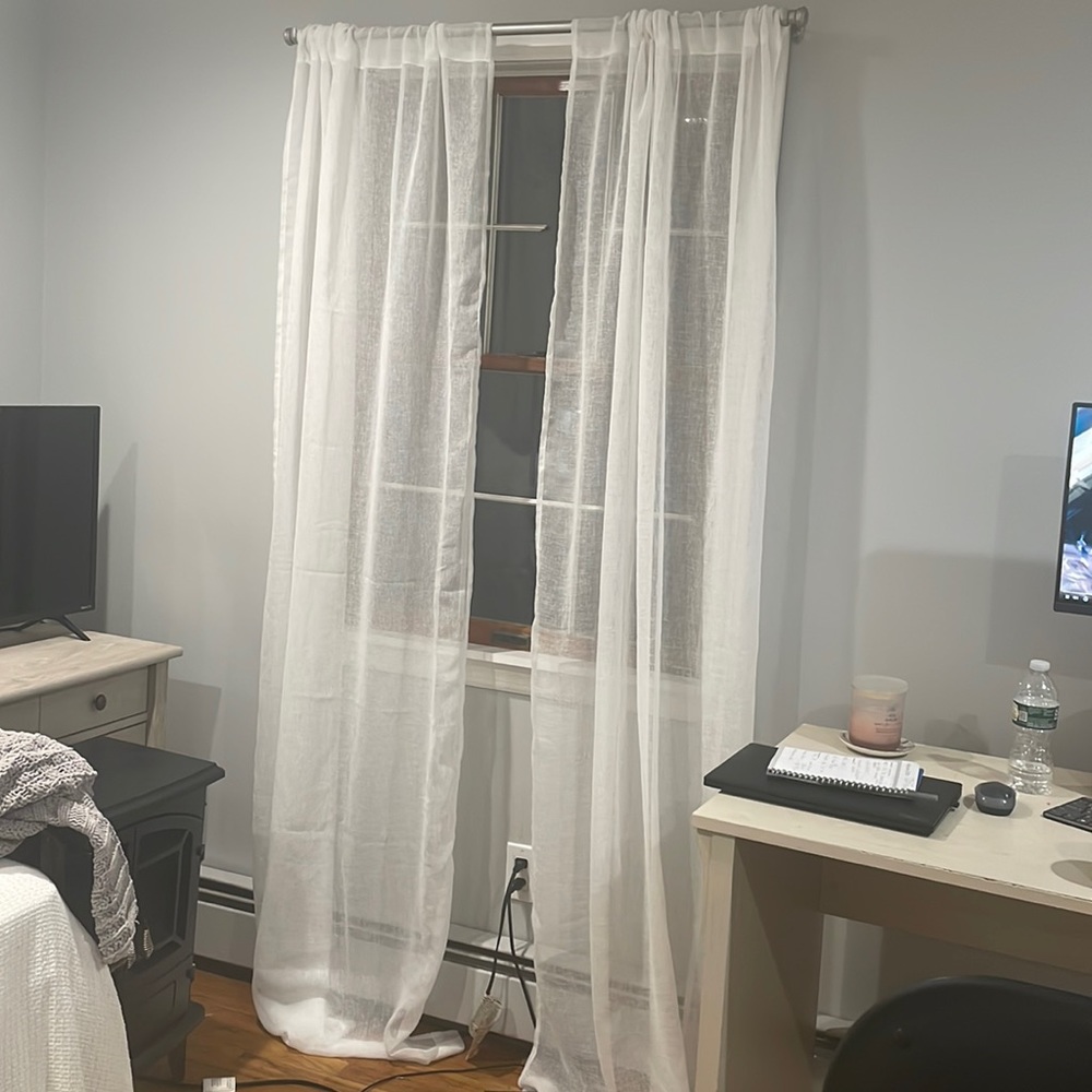 2 semi sheer white curtain panels 38x86 inches